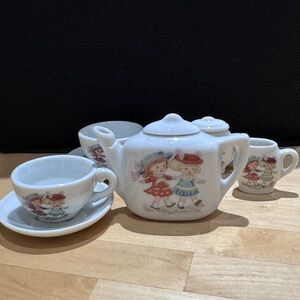 7 Piece Charming Miniature Porcelain Tea Set with Illustration of Girls Playing